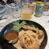 Tempura fungi, shiso, szechuan passion dip  at Mallow - Borough Market in South East London