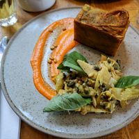 roman artichoke caponata, potato pave, red pepper pine nut cream at Mallow - Borough Market in South East London