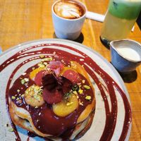 Buttermilk pancakes, cappuccino, green juice at Mallow - Borough Market in South East London