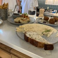 Sourdough with caramel “butter”, shiitake croquettes , dumplings with gochugang  at Mallow - Borough Market in South East London
