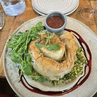 burnt aubergine muhammara borek, green tabbouleh, baba ganoush cream, ezme  at Mallow - Borough Market in South East London
