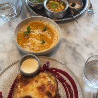 brunch thali at the top, mango porridge, and French toast   at Mallow - Borough Market in South East London
