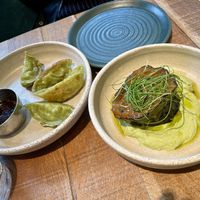 Dumplings & miso aubergine with edamame cream   at Mallow - Borough Market in South East London