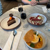 We had brunch, muhammara borek: charred pepper aubergine & walnut filled filo pastry, saffron tahini.  A crème brûlée andStrawberry & Rhubarb noughtini.  Allergens are clearly l at Mallow - Borough Market in South East London