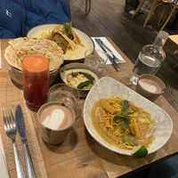 White bean hummus and flat bread 👌 Oh no noodles, lasagne, beetroot juice, hot chocolate.   at Mallow - Borough Market in South East London