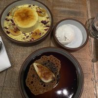 Sticky toffee pudding and ice cream (10/10 not too sweet, deeper caramelised flavours), crème brûlée (5/10- rose petals and apricots had a strange aftertaste)   at Mallow - Borough Market in South East London