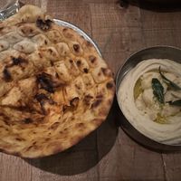 white bean confit garlic hummus : citrus almond pesto with  flatbread, tempered curry leaf oil  at Mallow - Borough Market in South East London