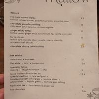 Dessert menu at Mallow - Borough Market in South East London