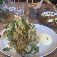Friti misto, charred leek bharta and chips  at Mallow - Borough Market in South East London