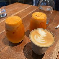 Carrot apple and ginger juices and oat latte at Mallow - Borough Market in South East London
