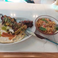 oyster mushroom & hispi skewer with celeriac purée and saffron carrot pilau - incredible! at Mallow - Borough Market in South East London