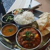 Vegan thali. Vegetable curry, lentil dhal, spinach, rice and poppadoms. at Basmati Indian & Nepali Restaurant in Funchal
