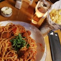 Vegan meatballs, garlic bread (not vegan) swapped for chips at Electric Bar in Motherwell