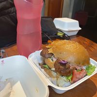 Double decker burger with sausage at Bien Plantado in Iquitos