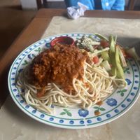 Vegan “meat” sauce. I’m a lifelong vegetarian (milk is okay but not eggs) so I’m always a bit worried about having a sensitive stomach. 24 hours later and I feel great!   at Bien Plantado in Iquitos