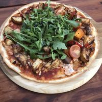 Vegan pizza/ half potato pizza and half roasted vegetarian. So flavoursome and the best vegan cheese.  at Round Hill Road in Agnes Water