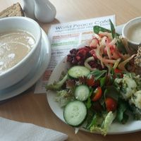 Vegan soup & burger at World Peace Cafe in Plymouth