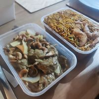 Lamb and cashew nuts and mixed chow mein at Wawin Vegan Chinese in Salford