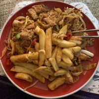 Chickn chow mien, salt & pepper tofu/chips (all gluten-free)  at Wawin Vegan Chinese in Salford