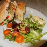 falafel on toasted ciabatta at World Peace Cafe in Leicester