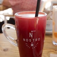 Vegan Vampire Smoothie with Pear, Beetroot, Carrot, Pineapple, Orange, Lemon and Ginger at Nostro Café Costa in Xabia