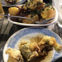 Chilli potatoes and broccoli skewer  at Rail House Café in London