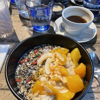 Peach and coconut porridge  at Rail House Café in London