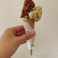 Small cone with chocolate and mint chocolate ice cream at Imaginarni Zmrzlina in Prague