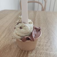 Small cup with chocolate and mint chocolate ice cream at Imaginarni Zmrzlina in Prague