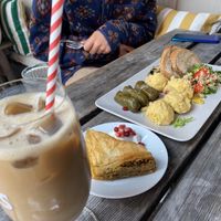 Buffer plate, baklava and iced latte  at En Deli Haga in Gothenburg