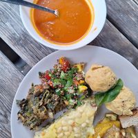 Each choice comes with a small soup and bread.  at En Deli Haga in Gothenburg