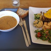 Soup + eggplant pie + 3 sides at En Deli Haga in Gothenburg