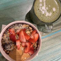 PB&J açaí bowl and matcha tea  at Life Alive Organic Cafe in Cambridge