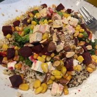 Adventurer bowl (sub cheddar rice for brown rice and extra tofu)  at Life Alive Organic Cafe in Cambridge