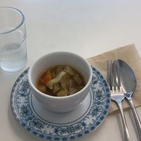 Soup is served before meal- very good  at Sunny Bowl in Seoul