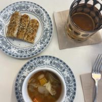 Complimentary soup and tea   at Sunny Bowl in Seoul