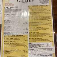 Breakfast menu at Gillie's in Blacksburg