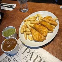 Tofish and chips with mushy peas and curry sauce   at Papa's Fish & Chips in Blackpool