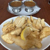 Tofuish and chips with curry sauce   at Papa's Fish & Chips in Blackpool