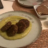 Meatballs, with smashed peas and potatoes at Kumin Vegan Lezzetler in Istanbul