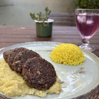 Lentil meatballs with rice and mash potatoes, with the sherbet   at Kumin Vegan Lezzetler in Istanbul