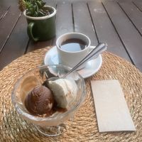 Vanilla and chocolate vegan ice cream. Turkish tea    at Kumin Vegan Lezzetler in Istanbul
