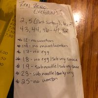 This is a list from my waitress of the current menu numbers that can be modified to be made vegan (as of feb 2018)  at Zen Zero in Lawrence