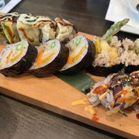 Eggplant Asparagus, Veggie Tempura, and the Hashi Vegan roll  at Hashi Gawa in Alameda