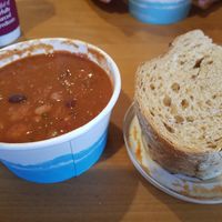 Mixed bean chilli with crusty bread at National Trust Gibside Market Place Cafe in Gateshead