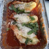 Stuffed shells, order comes with 5 shells, but they were all out of large containers, so they split the order into two smaller ones.  at Vegano Italiano - Food Truck in Ann Arbor