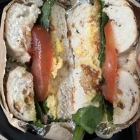 Bagel Sandwich: just egg, tempeh bacon, tomato, spinach + cream cheese. the bacon was so good! probably my favorite vegan bacon  at Vegano Italiano - Food Truck in Ann Arbor