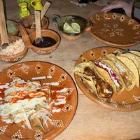 Tacos dorados and an assortment of tacos including the tofu-fish, pastor, potato mushroom, huitlacoche, and more!  at La Vegan Taqueria in Tulum