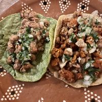 L-R SOY STEAK Taco & CAMPECHANO Taco  at La Vegan Taqueria in Tulum