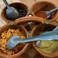 Black bean, Rice, & Salsas. Comes with taco purchase  at La Vegan Taqueria in Tulum